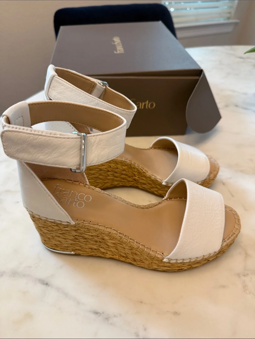 Franco Sarto White Leather Wedge Sandals with Ankle Strap
